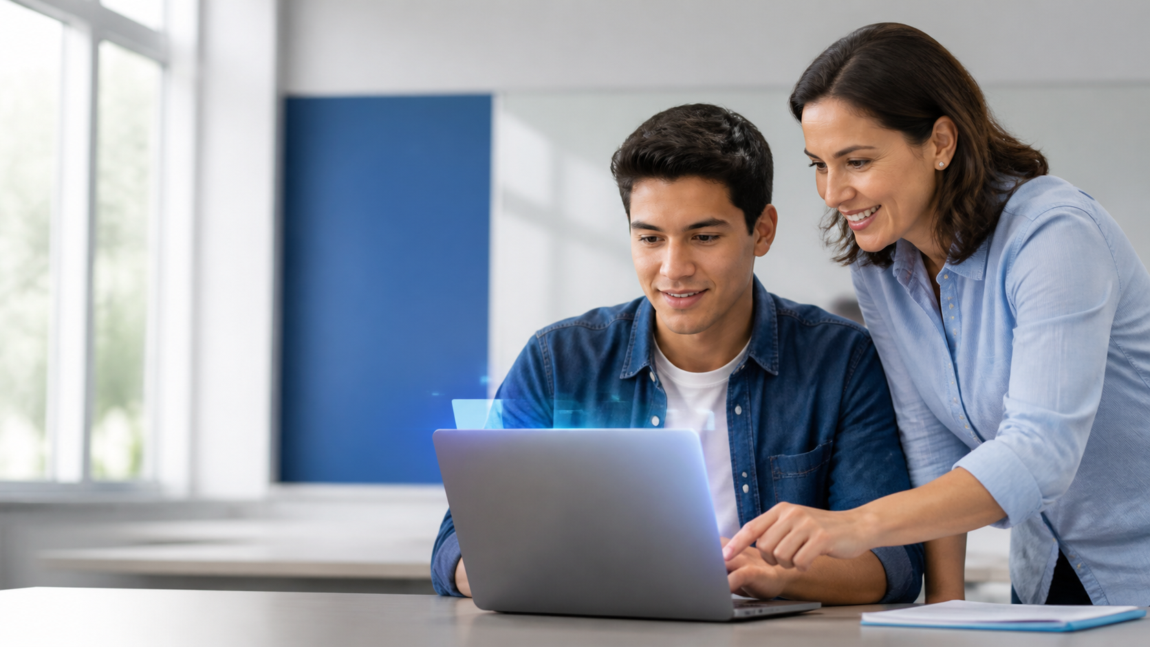 Estudiante y docente trabajando en una certificación digital